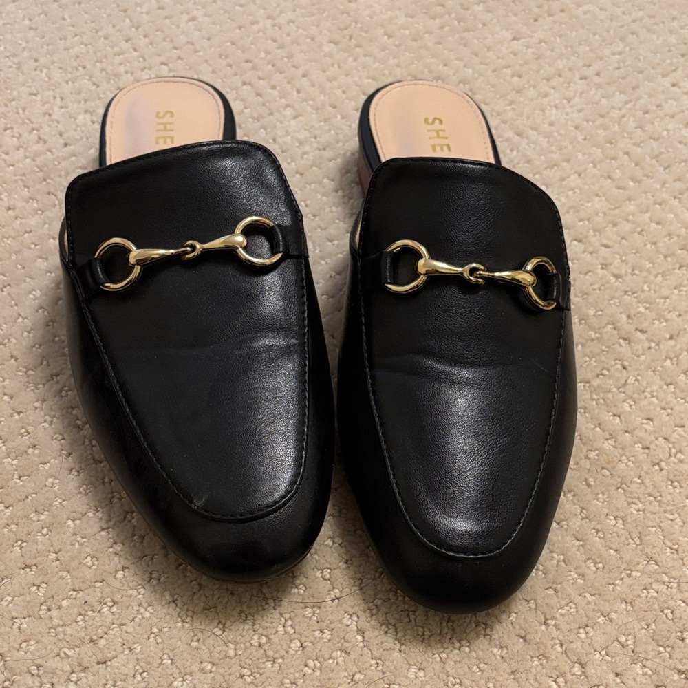 SHEIN Black Mules with Gold Horsebit buckle